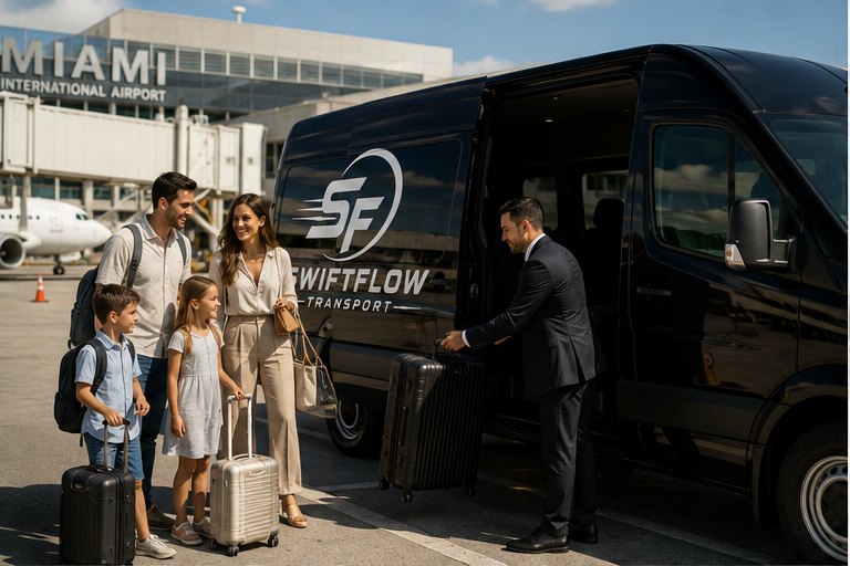 Family with luggage boarding a black SwiftFlow van at Miami International Airport