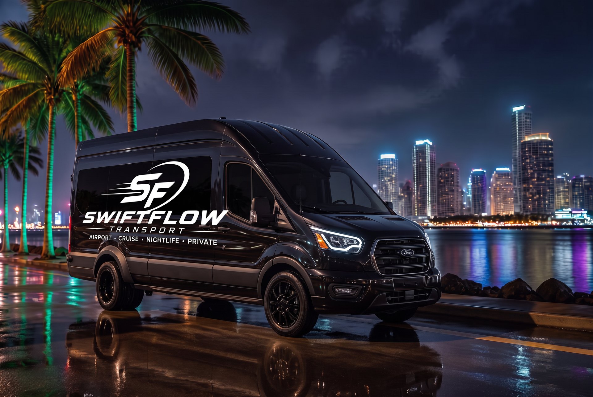 Luxury black passenger van on the Miami waterfront at night